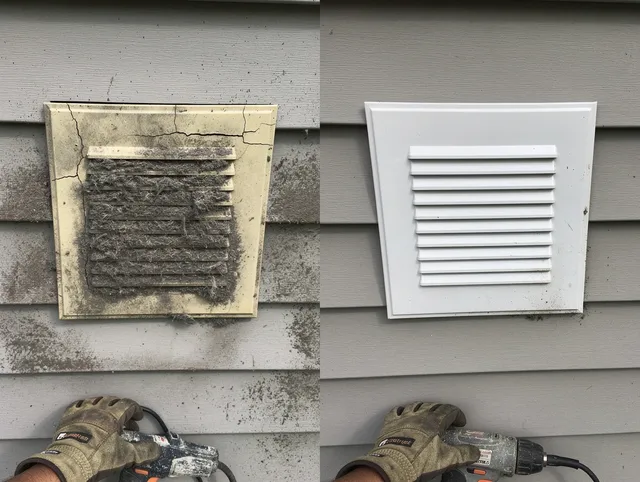 Bonita Springs Dryer Vent Cleaning technician installing high-quality dryer vent cover at a residential property in Bonita Springs