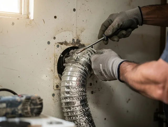 Bonita Springs Dryer Vent Cleaning technician performing precise dryer vent hose installation in Bonita Springs